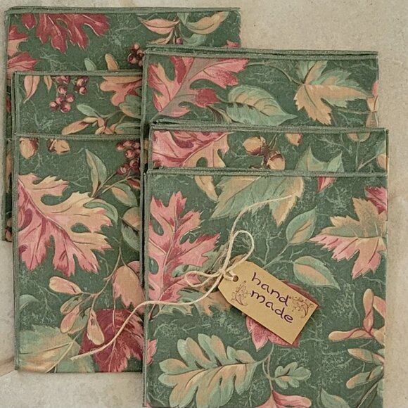 VTG Handmade Autumnal Leaf Print Artisan Oblong Tablecloth and 6 Napkins NEW - Picture 9 of 10